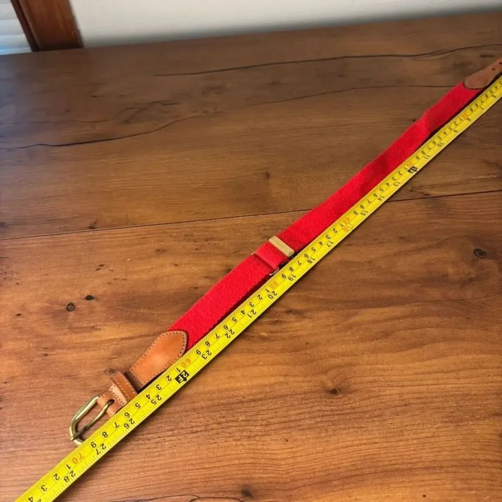Lands' End VTG 90s Red Canvas Leather Trim Belt Solid Brass Buckle Youth M